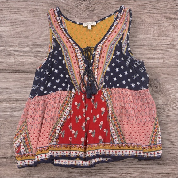 Patrons of Peace Tops - Patrons of Peace Bohemian Patchwork Sleeveless Double bow Tassel Top Women’s M